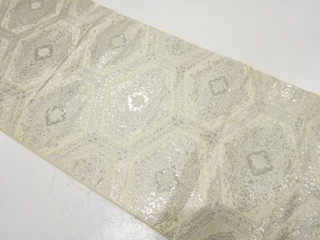 JAPANESE KIMONO / ANTIQUE FUKURO OBI / SILK / PLATINUM​ FOIL / WOVEN FLOWER CREST